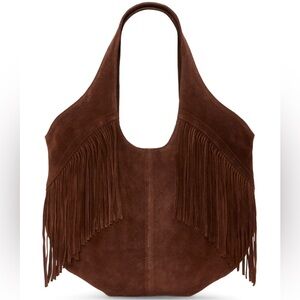NWT Lucky Brand Nyra Fringe Tote 100% Genuine Leather Cow Hide Brown Hobo Bag